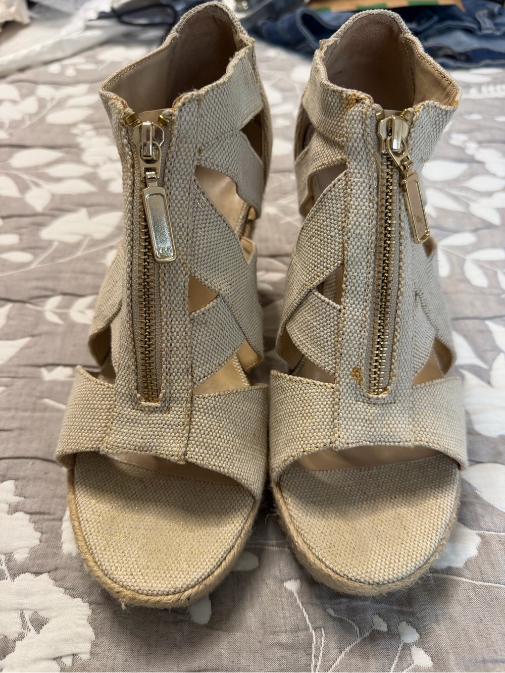 Women’s Beige Wedge Sandals with Front Zip